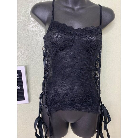 Seduction Black Lace Sheer Lingerie Tank Top Lace Up Metal Detail Size M/L - Picture 2 of 12